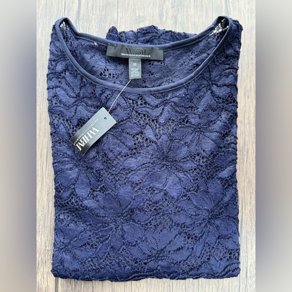 NWT White House Black Market Navy Lace Crew Nexk Top Size Medium - Picture 15 of 15